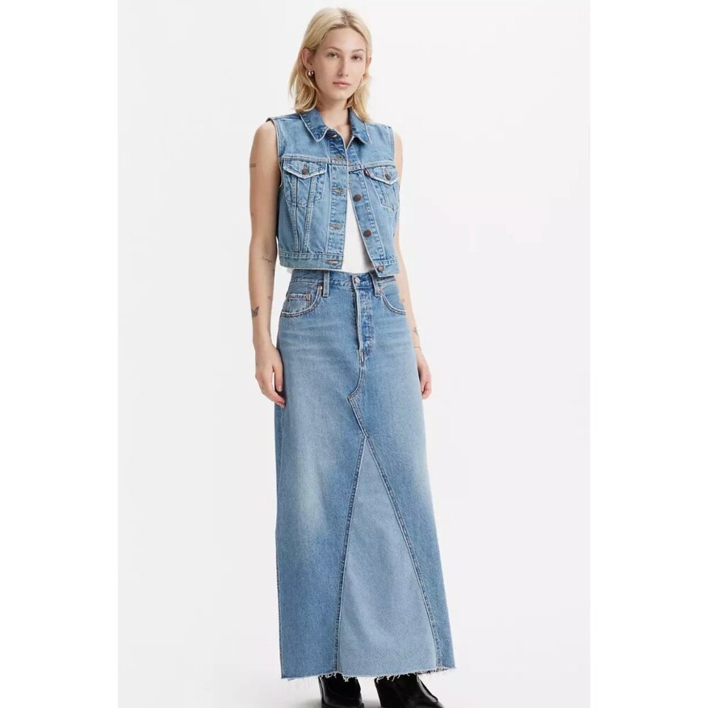 New Levi's 27 Premium Icon Long Skirt Size 27 Own It Medium Wash - Picture 5 of 8